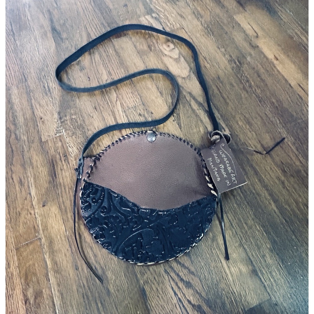 round leather crossbody or canteen bag Black Tooled Leather Wearable Art